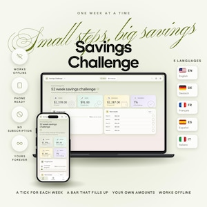 Puede incluir: Un rastreador digital de desafíos de ahorro de 52 semanas mostrado en una pantalla de portátil y smartphone. La interfaz presenta cuadros de colores pastel para objetivos, ahorros, remanente y progreso, con el texto "Savings Challenge" y "Small steps".