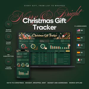 Könnte beinhalten: Ein digitaler Weihnachtsgeschenke-Tracker auf einem Laptop- und Smartphone-Bildschirm. Die Benutzeroberfläche zeigt dunkelgrüne Hintergründe mit Diagrammen, Budgetübersichten und Geschenklisten. Der Text umfasst "Merry & Bright", "Christmas Gift Tracker" und "Every gift, from list to wrapped". Symbole zeigen Offline-Funktionalität und Smartphone-Kompatibilität an.