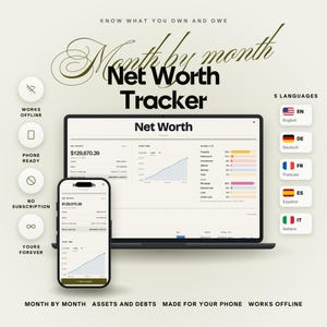 Puede incluir: Un rastreador de patrimonio neto digital mostrado en una pantalla de portátil y teléfono inteligente. La interfaz muestra datos financieros, activos, deudas y gráficos de crecimiento. Texto: "Know what you own and owe" y "Net Worth Tracker".