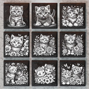 Może przedstawiać: Dziewięć czarno-białych kwadratowych płytek z misternymi wzorami przedstawiającymi koty i kwiaty. Każda płytka ma inny wzór, niektóre przedstawiają jednego kota, a inne wiele kotów. Koty są przedstawione w realistycznym stylu, z detalicznym futrem i wąsami. Kwiaty są również bardzo szczegółowe, z delikatnymi płatkami i liśćmi.