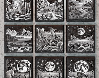 May include: Nine black and white square tiles with desert scenes. Each tile features a different desert animal, including owls, a roadrunner, a rabbit, and a coyote. The tiles also feature a full moon, stars, and cacti.