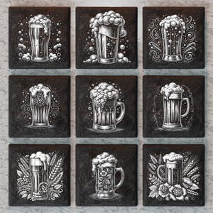 Könnte beinhalten: Neun schwarze quadratische Untersetzer mit einem weißen Design eines Bierkruges mit Schaum obenauf. Jeder Untersetzer hat ein anderes Design um den Krug herum.