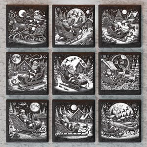 Op de afbeelding: Negen zwart-wit illustraties van Sinterklaas die in een slee rijdt die door rendieren wordt getrokken. Elke illustratie toont een andere winterscène met een maan, sterren en een besneeuwd landschap.