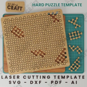 May include: A laser cut puzzle template for a challenging jigsaw puzzle. The template is made of wood and features a complex design of interlocking shapes. The template is labeled "Hard Puzzle Template" and includes the file formats SVG, DXF, PDF, and AI.