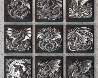 May include: Set of nine black and white square coasters featuring intricate illustrations of dragons with detailed wings and scales. Each coaster has a different dragon design.