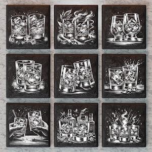 Könnte beinhalten: Neun schwarze quadratische Untersetzer mit weißen Illustrationen verschiedener Cocktails und Getränke. Jeder Untersetzer hat ein anderes Design mit einer einzigartigen Kombination aus Gläsern, Eiswürfeln und anderen dekorativen Elementen.