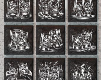 May include: Nine black square coasters with white illustrations of various cocktails and drinks. Each coaster features a different design with a unique combination of glasses, ice cubes, and other decorative elements.