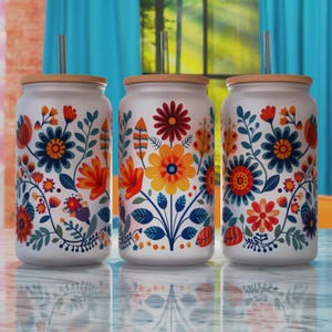 Glass Can Sublimation Design PNG, Folk Art 16oz Libbey Can Sublimaton Design, Libbey Glass Can PNG, Mexican Flowers Png