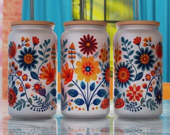 Glass Can Sublimation Design PNG, Folk Art 16oz Libbey Can Sublimaton Design, Libbey Glass Can PNG, Mexican Flowers Png
