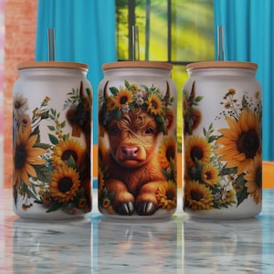 Highland Cow Glass Can Sublimation Design PNG, Highland Cow 16oz Libbey Can Sublimaton Design, Libbey Glass Template PNG, Glass Can Wrap PNG