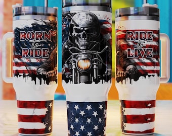 Skeleton Biker 40 oz Tumbler Wrap, Motorcycle Sublimation Design (PNG)