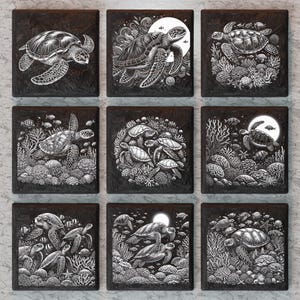 May include: Nine black and white illustrations of sea turtles in various poses, surrounded by coral reefs and fish. The illustrations are in a vintage style and have a detailed, intricate design.