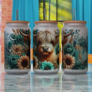 Highland Cow Glass Can Sublimation Design PNG, Highland Cow 16oz Libbey Can Sublimaton Design, Libbey Glass Template PNG, Glass Can Wrap PNG