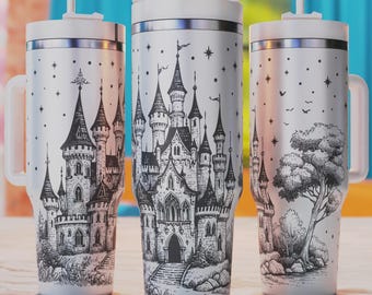 Vaso de castillo de cuento de hadas SVG, envoltura para vaso de 40 oz de Castillo Mágico, vaso de 40 oz SVG láser, diseño grabado para vaso de 40 oz, SVG grabado láser