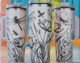 Dragonfly Laser Wrap Svg, Dragonflies Tumbler Laser Svg, 40oz Laser Engraving Svg, Floral Laser Design