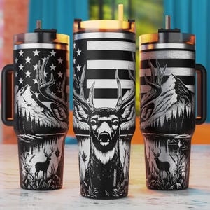 40oz Tumbler Wrap, Buck Hunting Laser Svg, Hunting Tumbler Svg, Deer With American Flag Laser Engraving Files