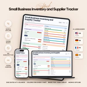 Puede incluir: Un rastreador digital de inventario y proveedores para pequeñas empresas mostrado en una tableta, portátil y teléfono inteligente. La interfaz incluye secciones para compras, entregas, existencias y gastos con barras de progreso de colores.