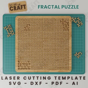 May include: A wooden laser cut fractal puzzle with a brown background. The puzzle is made up of many small squares that fit together to form a larger square. The puzzle is on a green cutting mat. The text "FRACTAL PUZZLE" is at the top of the image. The text "LASER CUTTING TEMPLATE SVG - DXF - PDF - AI" is at the bottom of the image.