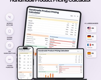 Handmade Pricing Calculator with Labour at Your Hourly Rate, Materials, Margin and Sales Income
