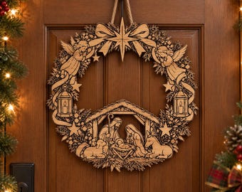 Nativity Scene Door Wreath Svg, Jesus Laser Engraving Cut Files, Holy Family Design