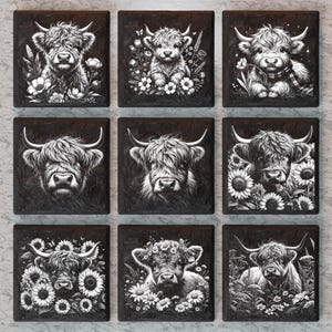 May include: Nine black and white square tiles featuring illustrations of Highland cattle with various floral arrangements. The cattle are depicted in a realistic style with detailed fur and horns. The flowers include daisies, sunflowers, and other wildflowers.