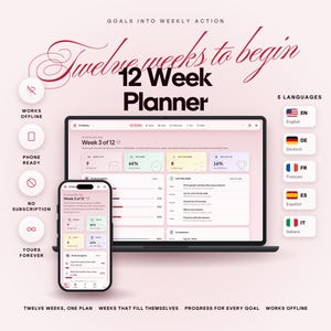 May include: A 12 Week Planner digital interface displayed on a laptop and smartphone screen. The layout features pastel pink and white sections with text including Goals into Weekly Action, Twelve weeks to begin, and Week 3 of 12. Icons indicate offline access, phone compatibility, no subscription, and lifetime use.