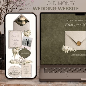 May include: A wedding website design displayed on a phone and laptop. The design features an invitation, photos, and RSVP details. The text "OLD MONEY WEDDING WEBSITE" is at the top. The phone and laptop are on a marble surface.