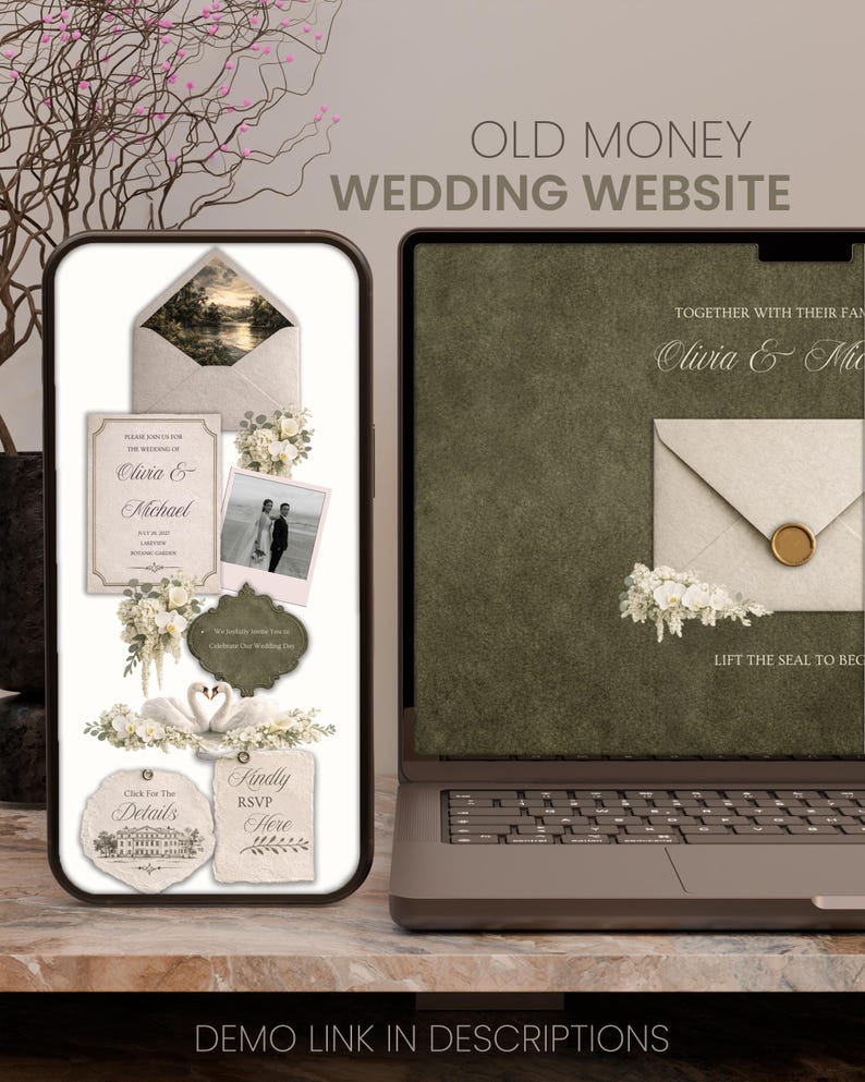 May include: A wedding website design displayed on a phone and laptop. The design features an invitation, photos, and RSVP details. The text "OLD MONEY WEDDING WEBSITE" is at the top. The phone and laptop are on a marble surface.