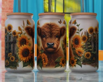 Glass Can Sublimation Design PNG, Highland Cow 16oz Libbey Can Sublimaton Design, Libbey Glass Template PNG, Glass Can Wrap PNG, Cow Mom Png