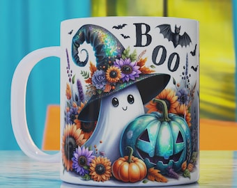 May include: White ceramic mug with a Halloween-themed design. The design features a ghost wearing a witch's hat with a teal pumpkin and sunflowers. The text "BOO" is written in black.