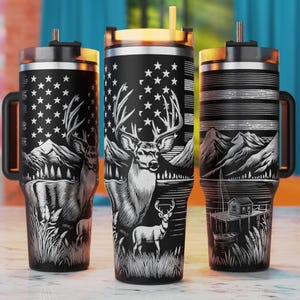 40oz Tumbler Wrap, Buck Hunting Laser Svg, Hunting Tumbler Svg, Deer With American Flag Laser Engraving Files