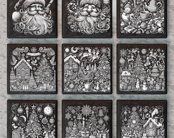 Op de afbeelding: Negen zwart-wit illustraties van kerstscènes. Elke illustratie is ingelijst in een zwart vierkant. De illustraties tonen de kerstman, kerstbomen, cadeaus en andere feestelijke afbeeldingen.