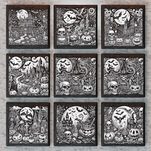 May include: Nine black and white illustrations of Halloween scenes. Each illustration features a spooky house, bats, a full moon, and other Halloween imagery.