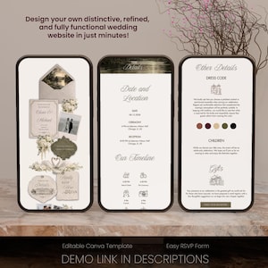 May include: Three smartphone screens displaying wedding website templates. The screens show details like date, location, timeline, and RSVP information. The design is elegant with floral accents and the text "Design your own distinctive, refined, and fully functional wedding website in just minutes!"