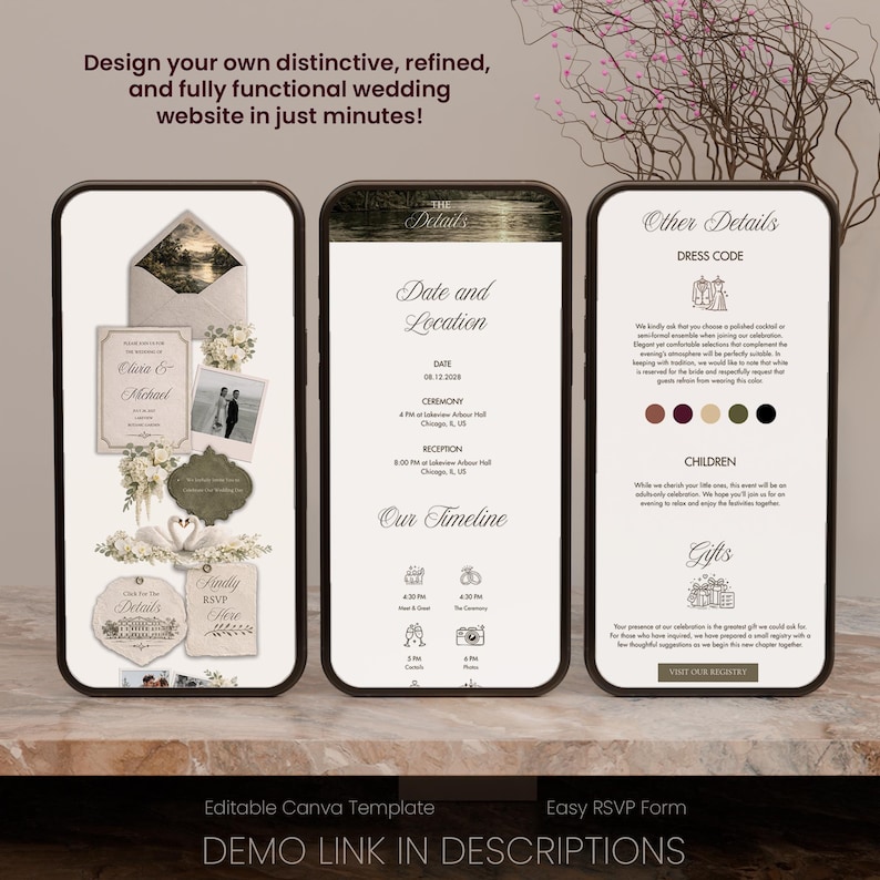 May include: Three smartphone screens displaying wedding website templates. The screens show details like date, location, timeline, and RSVP information. The design is elegant with floral accents and the text "Design your own distinctive, refined, and fully functional wedding website in just minutes!"