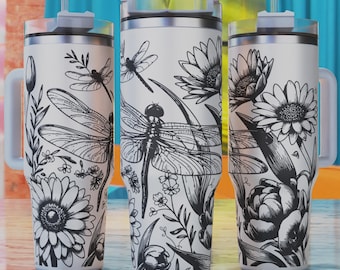 Dragonfly Floral Laser Wrap SVG, 40oz Tumbler Design (Digital Download)