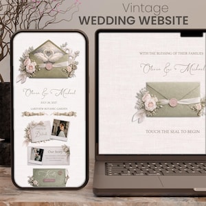 Vintage Wedding Website Template Sage Green Blush Pink RSVP For Canva