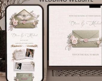 Vintage Wedding Website Template Sage Green Blush Pink RSVP For Canva