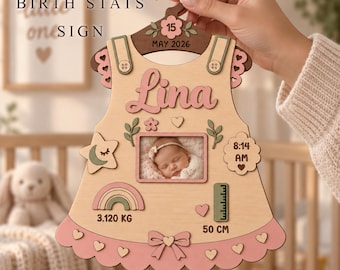 Birth Stats Frame Svg, Wooden Baby Girl Dress Keepsake Laser Cut File, Newborn Photo