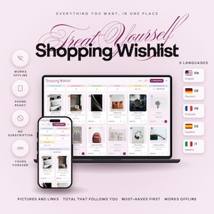 Könnte beinhalten: Eine digitale Einkaufs-Wunschlisten-Anwendung, dargestellt auf einem Laptop und einem Smartphone. Die Benutzeroberfläche zeigt ein Raster von Produktkarten mit Bildern, Titeln und Preisen. Der Text umfasst "Treat Yourself Shopping Wishlist", "Works Offline", "Phone Ready", "No Subscription" und "Yours Forever".