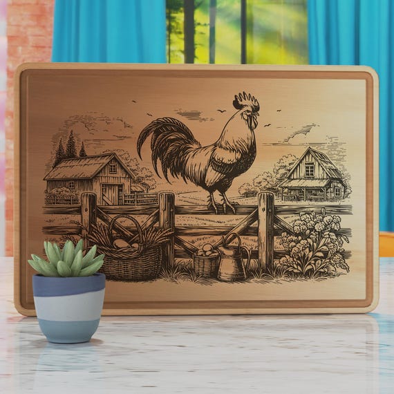 Rooster Cutting Board Laser Engraving SVG, Wooden Sign File