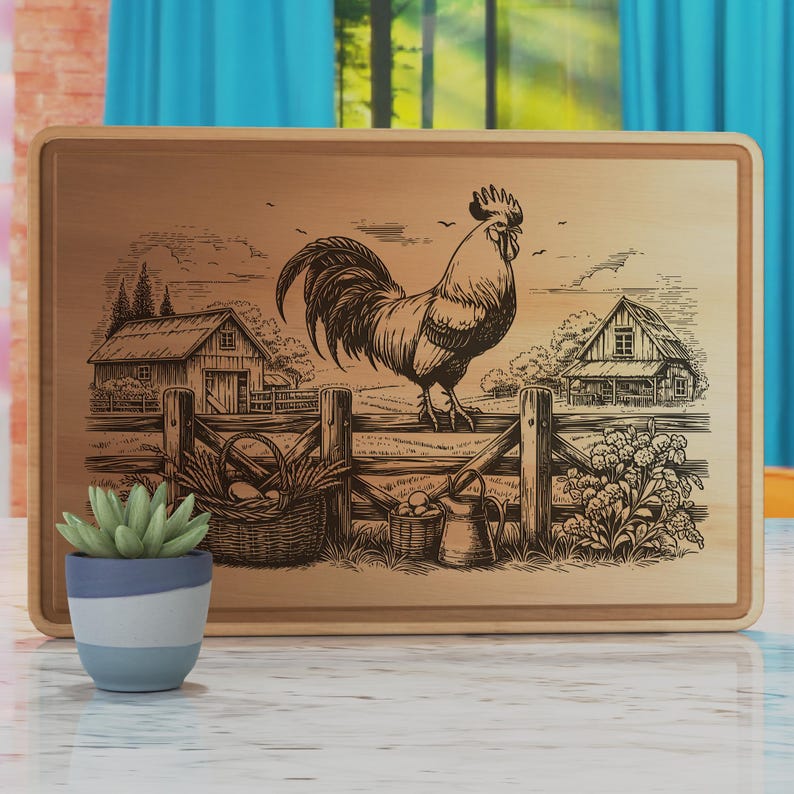 May include: A wooden cutting board with a laser-engraved design of a rooster standing on a fence with a barn and other farm elements in the background.
