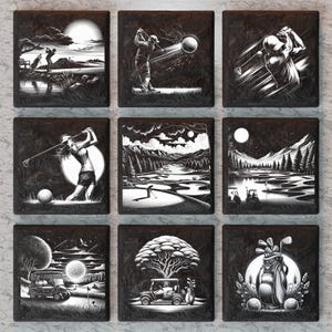 May include: Nine black and white illustrations of golf scenes. Each illustration is framed in a black square. The illustrations depict golfers, golf courses, golf carts, and golf balls.