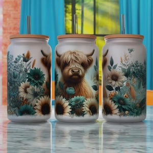 Highland Cow Glass Can Sublimation Design PNG, Highland Cow 16oz Libbey Can Sublimaton Design, Libbey Glass Template PNG, Glass Can Wrap PNG
