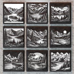 Puede incluir: Nueve ilustraciones en blanco y negro de paisajes de montaña con lagos y árboles. Cada ilustración está enmarcada en un marco negro.