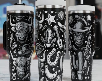 May include: Three black and white stainless steel tumblers with lids and straws. The tumblers feature a variety of western-themed designs, including a cactus, a horseshoe, a cowboy hat, a guitar, and a highland cow.