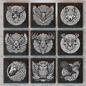 May include: Nine black square tiles with Celtic knotwork designs featuring various animals, including a deer, eagle, wolf, owl, and horse. Each tile has a different animal and knotwork pattern.