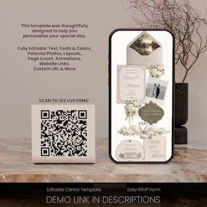 May include: A smartphone displays a wedding invitation template with floral and swan details. Text on the screen includes names, RSVP information, and a photo. A QR code and text about editing options are also visible. The template is designed for easy customization.