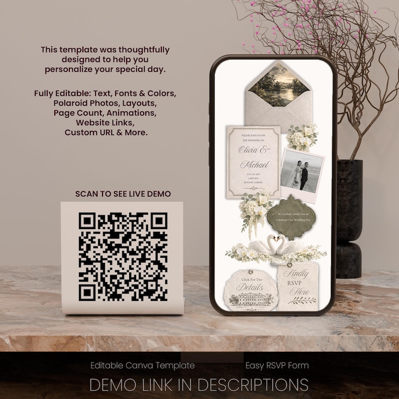 May include: A smartphone displays a wedding invitation template with floral and swan details. Text on the screen includes names, RSVP information, and a photo. A QR code and text about editing options are also visible. The template is designed for easy customization.