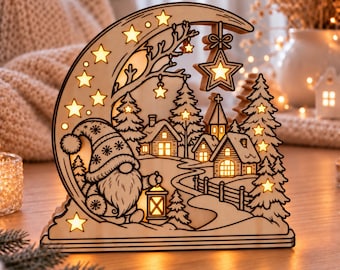 Christmas Village Lightbox SVG, Moon Winter Gnome Laser Cut File, Wooden Christmas Lantern Decor